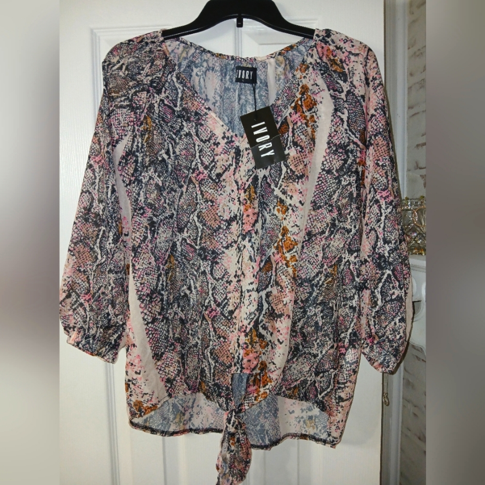 Ivory Snake Print Tie Waist Top NWT